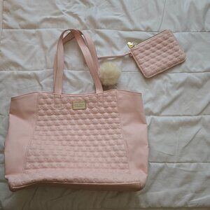 Pink Heart Stitch Betsey Johnson Purse with Attached Wallet and Faux Fur Puff